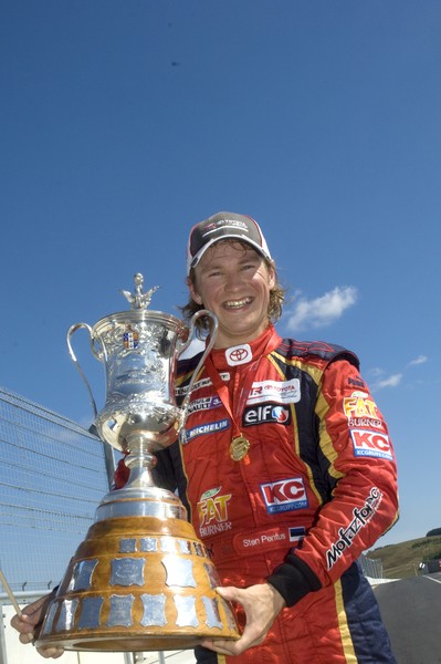 Sten Pentus with trophy at Hampton Downs photo by Bruce Jenkins